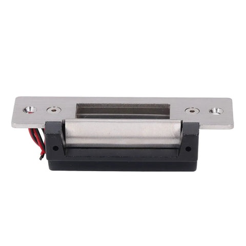 Heavy Duty 12V Electric Strike Lock Built Like A Tank For Ironclad Door Security And Plug And Play Access Control Installation Fits Standard Cylindrical Latch Sets And Entry Doors, showing stainless steel housing and wiring.