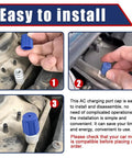 Hella Durable R134a AC Service Port Caps Set Of Ten Includes Five Red And Five Blue Valve Covers With Shop Grade Seals To Block Dust and Zero Sweat Fluid Leaks While Keeping Your Road Warrior Running Sweet And Cool. Image showing a blue AC charging port cap being installed over a valve.
