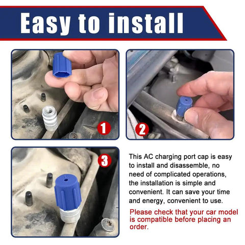 Hella Durable R134a AC Service Port Caps Set Of Ten Includes Five Red And Five Blue Valve Covers With Shop Grade Seals To Block Dust and Zero Sweat Fluid Leaks While Keeping Your Road Warrior Running Sweet And Cool. Image showing a blue AC charging port cap being installed over a valve.