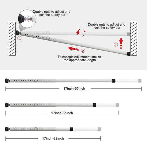 Sliding Door Security Bar 2 Pack Adjustable Locking Bar For Patio Doors And Windows Extends From 17.7 To 50.5 Inches 1 Inch Diameter White Metal With Rubber Tips Durable Home And Apartment Safety Locking Bar shown in various adjustment lengths