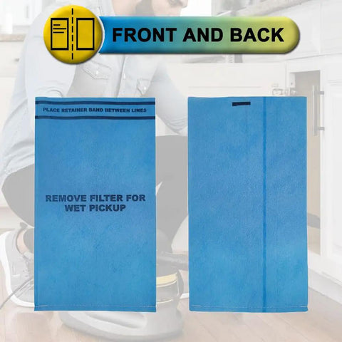 Front and back view of Ten Pack Wet Dry Vacuum Filter Bags For Stinger Husky Bucket Head And Other Two And A Half To Five Gallon Shop Vacuums Universal Fit VF2000 WS01025F 9 38737 Compatible Replacement Parts Heavy Duty Easy Fit
