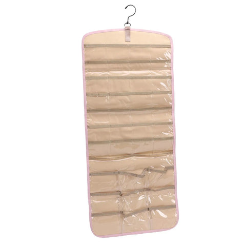 Slick Double Sided Hanging Jewelry Organizer With Foldable Design And Ample Pockets For Rings Earrings Watches, opened with clear compartments.