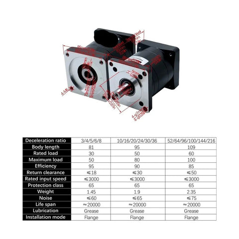 Beefy Compact High Torque Planetary Gear Reducer For NEMA 34 86 Stepper Motor With 14mm Input Hole And 16mm Output Shaft Built For Smooth Precise Machine Motion And Easy Inline Mounting, flange view with dimensions