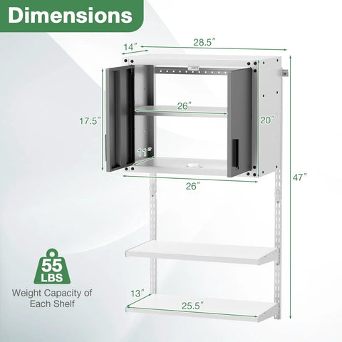 Heavy Duty Metal Wall Mounted Tool Cabinet With Lockable Doors And 3 Adjustable Shelves dimensions diagram