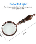 Old School 10X Magnifying Glass With Wooden Handle And Copper Frame, Real Glass Lens, Handheld Reading Magnifier For Seniors