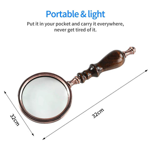 Old School 10X Magnifying Glass With Wooden Handle And Copper Frame, Real Glass Lens, Handheld Reading Magnifier For Seniors