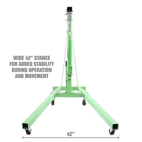 Straight Shooter Two Ton Engine Hoist Foldable Cherry Picker Shop Crane with 42" wide stance for stability.