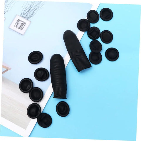 Boss Level Black Antistatic Finger Covers Straight Up Sweat Resistant Cotton Workshop Sleeve Guards displayed on a blue background.