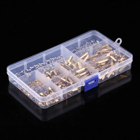 Brass M2 M3 Standoff Assortment Kit For DIY Friendly Motherboard PCB Spacers And Circuit Board Hardware With Female To Female And Female To Male Standoffs Screws Nuts And Spacers, assorted brass parts in box
