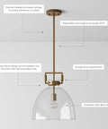 Leigh Pendant Light With Oversized Glass Shade And Adjustable Cord, Dope Vintage Brass Ceiling Fixture For Kitchen Island Or Entryway