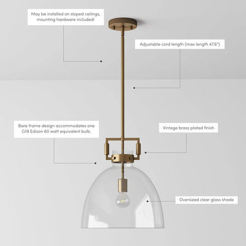 Leigh Pendant Light With Oversized Glass Shade And Adjustable Cord, Dope Vintage Brass Ceiling Fixture For Kitchen Island Or Entryway
