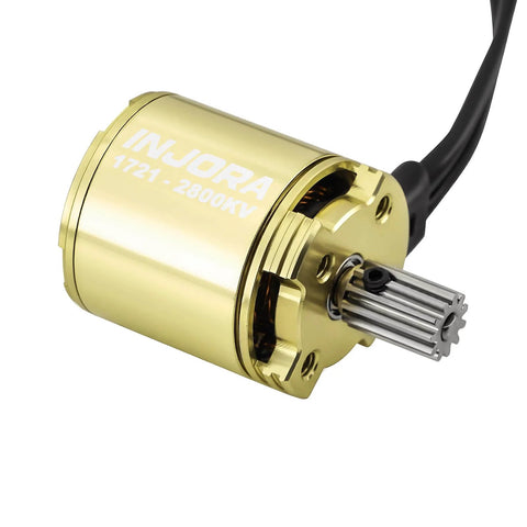 Gold Viper 1721 Brushless Motor 2800KV for 1/18 RC cars, showcasing compact size and metallic finish with visible gears