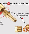 Three Eighths Inch Barb To One Quarter Inch NPT Male Brass Fittings showing NPT size not compatible with compression size