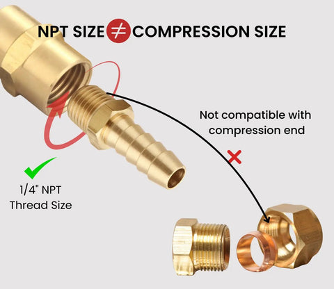 Three Eighths Inch Barb To One Quarter Inch NPT Male Brass Fittings showing NPT size not compatible with compression size