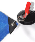 Beefy Heavy Duty Vacuum Suction Cup Anchor for Glass Lifting and Car Mounts with securing hook attached to blue tarp