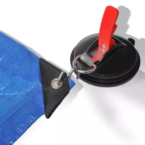 Beefy Heavy Duty Vacuum Suction Cup Anchor for Glass Lifting and Car Mounts with securing hook attached to blue tarp
