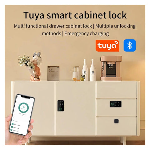 Tuya Smart Fingerprint Lock For Cabinets And Drawers, Baby Safety Lock For Kitchen, Toilet, And Refrigerator shown on cabinet with app control