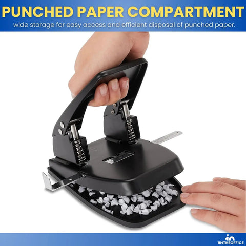 Two Hole Punch For Office Use, Heavy Duty Workhorse Desk Punch with removable chip tray, showing paper disposal feature