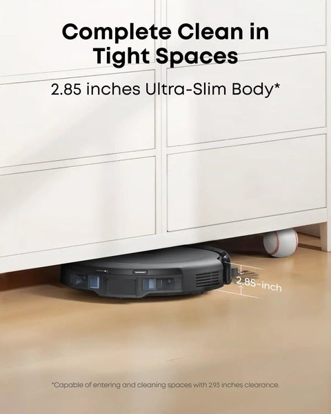 Like-New C10 Robot Vacuum With Self-Empty Dock Hands-Free Cleaning Monster 4000 Pa Suction LiDAR Smart Mapping Slim 2.85 Inch Profile Edge Expansion Brush For Pet Hair Renewed showing device fitting under furniture