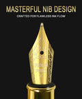 Close-up of gold fine nib on Premium Black Finish Fountain Pen With Fine Nib, Smooth Ink Flow, Full Starter Set Including Cartridges.