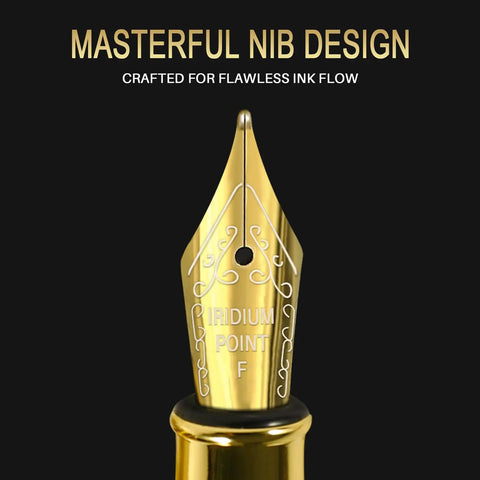 Close-up of gold fine nib on Premium Black Finish Fountain Pen With Fine Nib, Smooth Ink Flow, Full Starter Set Including Cartridges.