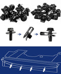 80-Piece Universal Engine Splash Shield Fastener Kit with screws, clips, and fender liner illustration for Hyundai, Honda, Ford.