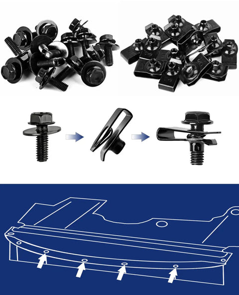 80-Piece Universal Engine Splash Shield Fastener Kit with screws, clips, and fender liner illustration for Hyundai, Honda, Ford.
