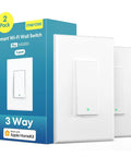3 Way Smart Light Switch Works With HomeKit Siri Alexa Google Assistant SmartThings 2.4GHz WiFi Neutral Wire Required Remote Control Timer 2 Pack For Easy Setup shown in packaging, with two white switches next to the box.