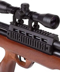Close-up of PCP 3500 PSI Air Rifle With CMB 4x32 Scope 12-Round Magazine focusing on mounted scope and wood grip.