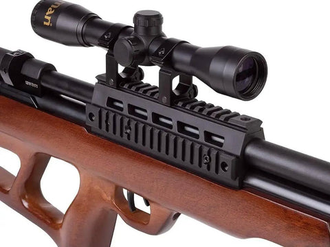 Close-up of PCP 3500 PSI Air Rifle With CMB 4x32 Scope 12-Round Magazine focusing on mounted scope and wood grip.
