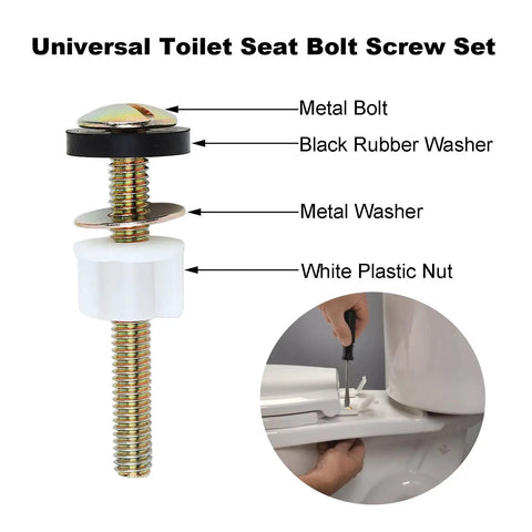 Universal Toilet Seat Screws Replacement Kit With Heavy Duty Fasteners Plastic Nuts Metal Washers And Rubber Washers Top Mount