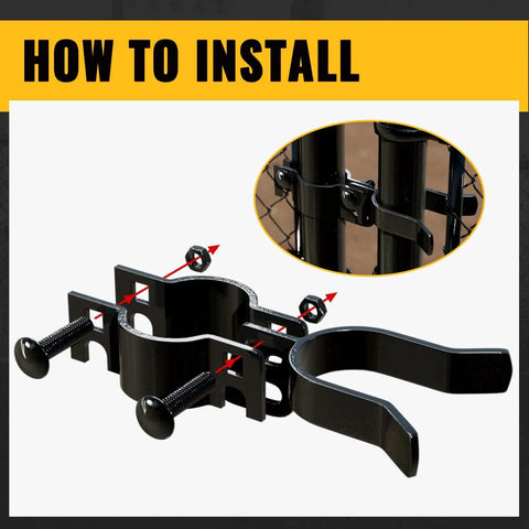 Black Chain Link Gate Latch for Fence Posts Spaced 1-3/8 to 2-3/8 Inches showing installation steps with padlock hole