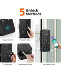 Straight Up Tuya WiFi Smart Fingerprint Lock For Wooden And Glass Doors With App Remote Control showing 5 unlock methods.