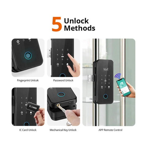 Straight Up Tuya WiFi Smart Fingerprint Lock For Wooden And Glass Doors With App Remote Control showing 5 unlock methods.