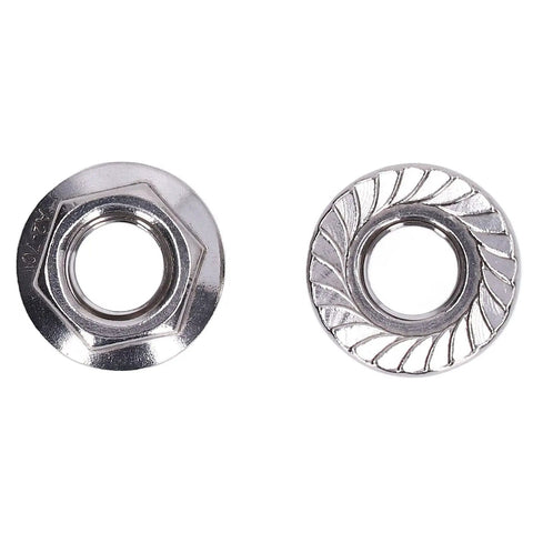 Stainless Steel DIN 1587 Flange Nut Set With Integrated Washer, A2-70 Rustproof Locking Nuts showing hexagonal and washer side
