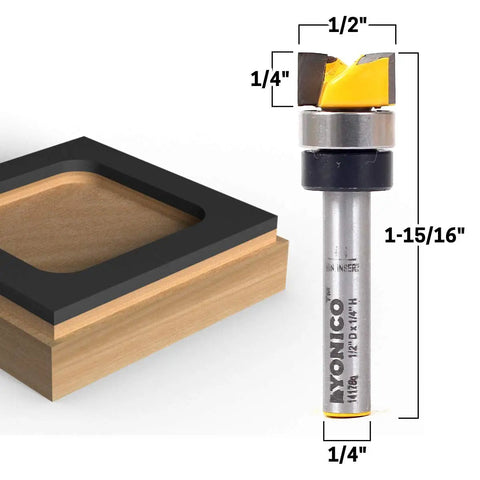 Top Shelf Flush Trim Router Bit With Heavy Duty Tungsten Carbide Edge For Knockout Smooth Cuts And Easy Template Hinge Mortising 1/2 Inch Cutting Diameter 1/4 Inch Shank next to routed wood panel.