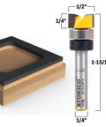 Pro Grade Four Piece Flush Trim Router Bit Set Half Inch Diameter Quarter Inch Shank One Quarter To One Inch Cut Lengths with precise dimensions.