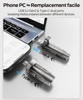 Beast 1TB Portable SSD with USB 3 Gen2 Type C Dual Ports shown with iPhone and laptop, highlighting plug and play capability