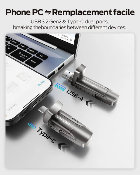 Beast 1TB Portable SSD with USB 3 Gen2 Type C Dual Ports shown with iPhone and laptop, highlighting plug and play capability
