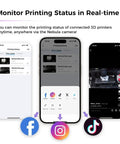 Smartphone screens displaying real-time monitoring of 3D printing via Nebula Camera For 3D Printers With 24 Hour Real Time Monitoring Time Lapse Spaghetti Detection WiFi Enabled USB Interface Compatible With Nebula Pad And Sonic Pad For Ender 3 V3 Plus KE SE And CR 10 SE