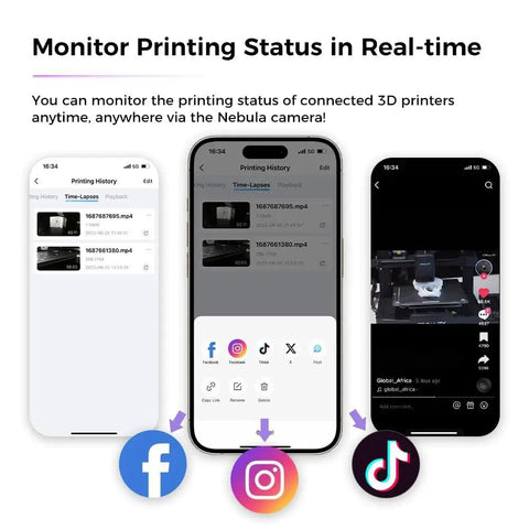 Smartphone screens displaying real-time monitoring of 3D printing via Nebula Camera For 3D Printers With 24 Hour Real Time Monitoring Time Lapse Spaghetti Detection WiFi Enabled USB Interface Compatible With Nebula Pad And Sonic Pad For Ender 3 V3 Plus KE SE And CR 10 SE