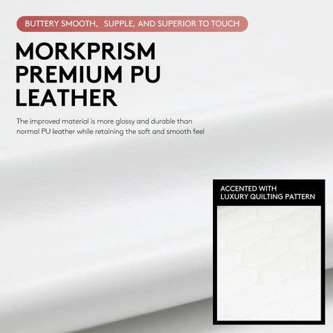 Close-up of glossy white Morkprism premium PU leather with quilting, highlighting texture for White Gaming Chair With Footrest And Massage Lumbar Support Gel Pad Ergonomic Reclining PU Leather Gamer Chair With Headrest And Spring Cushion Boss Level Comfort For Long Gaming Sessions.