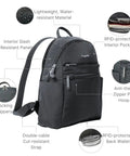 Anti-Theft Travel Backpack With RFID On-The-Go Slash-Resistant Nylon, Compact 8.5L Daypack showing features and details.