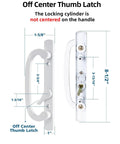Diagram of Keyed Sliding Patio Door Handleset with Off Center Thumb Latch, Mortise Lock, White Diecast, showing measurements.