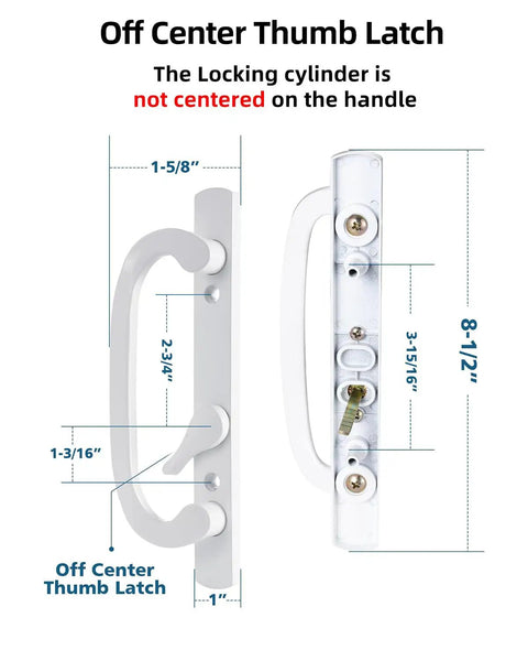 Diagram of Keyed Sliding Patio Door Handleset with Off Center Thumb Latch, Mortise Lock, White Diecast, showing measurements.