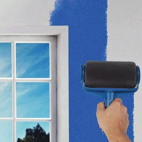 Heavy Duty Paint Roller Brush Set With Flocked Edge Tool And Seamless Trim Edger For Smooth Wall Painting in use on a blue wall.