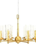 Art Deco Metal And Glass Chandelier In Antique Gold Finish With Six Cylindrical Glass Shades Brushed Gold Frame Ten Foot Cord And Six To Ten Foot Chain Classic Vibe Ceiling Light Showpiece, frontal view.