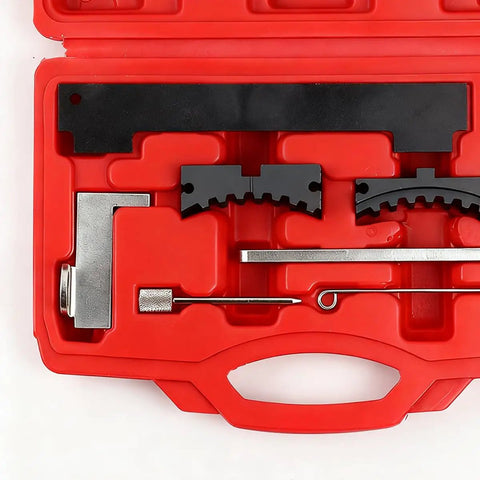 Premium Carbon Steel Camshaft Timing Tool Kit Fits 1.4 1.6 1.8 Liter 16V Motor with locking pins in red case.
