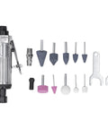 Heavy Duty Pneumatic Die Grinder Kit Featuring 22000 Rpm Air Powered Motor And Ten Piece Grinding Head Set on a white background.