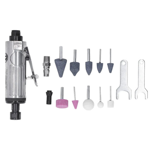 Heavy Duty Pneumatic Die Grinder Kit Featuring 22000 Rpm Air Powered Motor And Ten Piece Grinding Head Set on a white background.